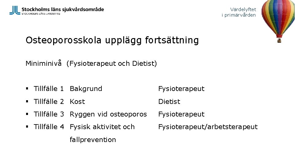 Värdelyftet i primärvården Osteoporosskola upplägg fortsättning Miniminivå (Fysioterapeut och Dietist) § Tillfälle 1 Bakgrund