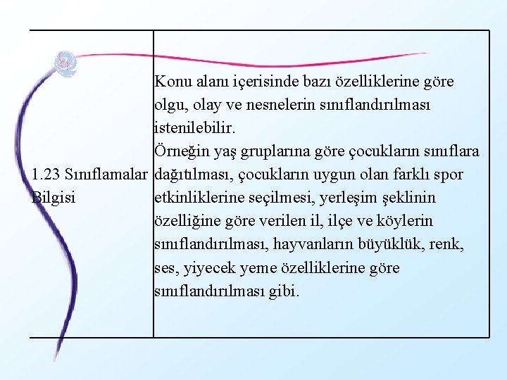 Konu alanı içerisinde bazı özelliklerine göre olgu, olay ve nesnelerin sınıflandırılması istenilebilir. Örneğin yaş