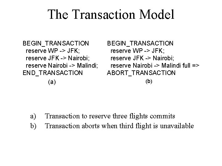 The Transaction Model BEGIN_TRANSACTION reserve WP -> JFK; reserve JFK -> Nairobi; reserve Nairobi