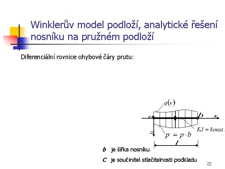 Winklerův model podloží, analytické řešení nosníku na pružném podloží Diferenciální rovnice ohybové čáry prutu: