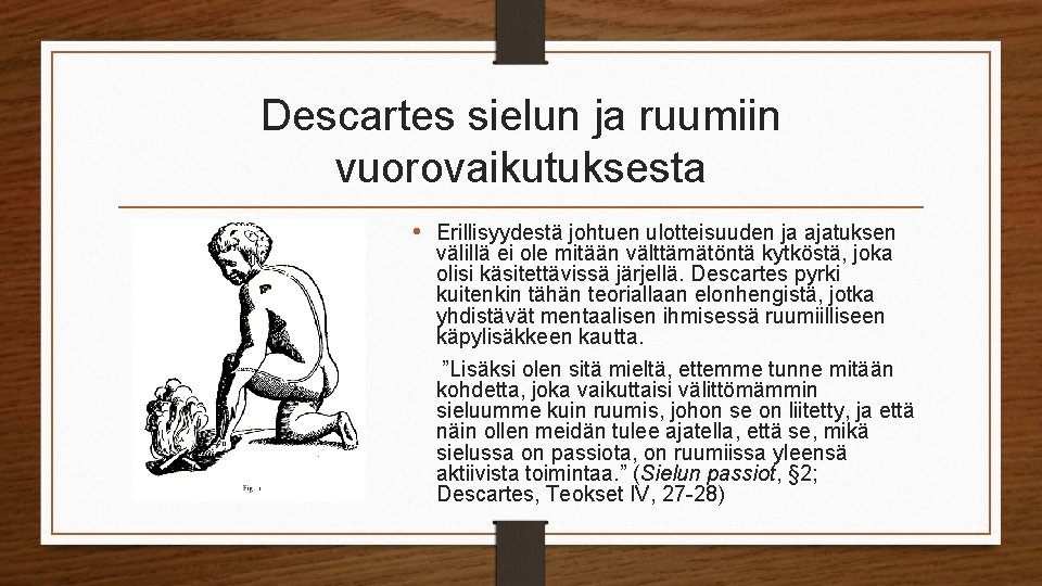 Descartes sielun ja ruumiin vuorovaikutuksesta • Erillisyydestä johtuen ulotteisuuden ja ajatuksen välillä ei ole