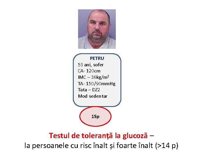 PETRU 53 ani, sofer CA- 120 cm IMC – 36 kg/m 2 TA- 150/90