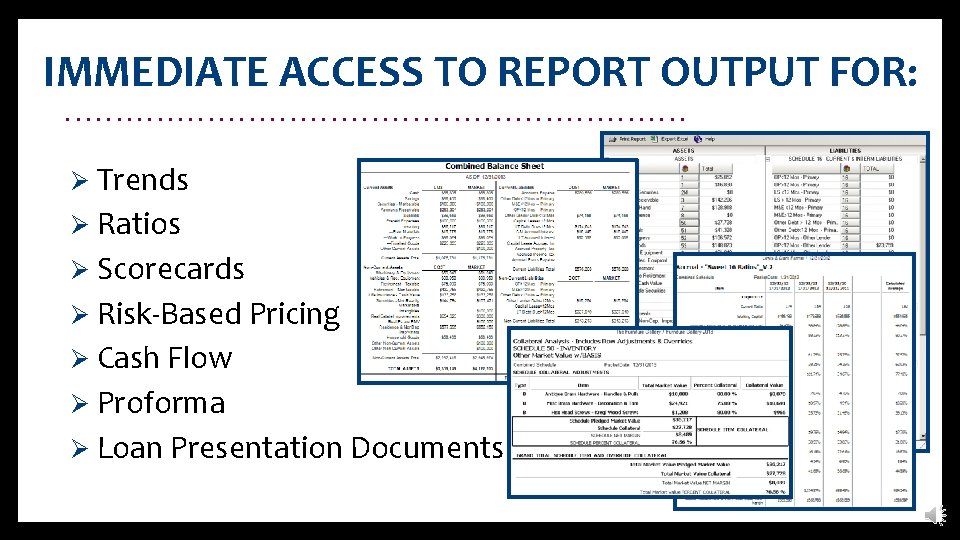 IMMEDIATE ACCESS TO REPORT OUTPUT FOR: . . . . Ø Trends Ø Ratios