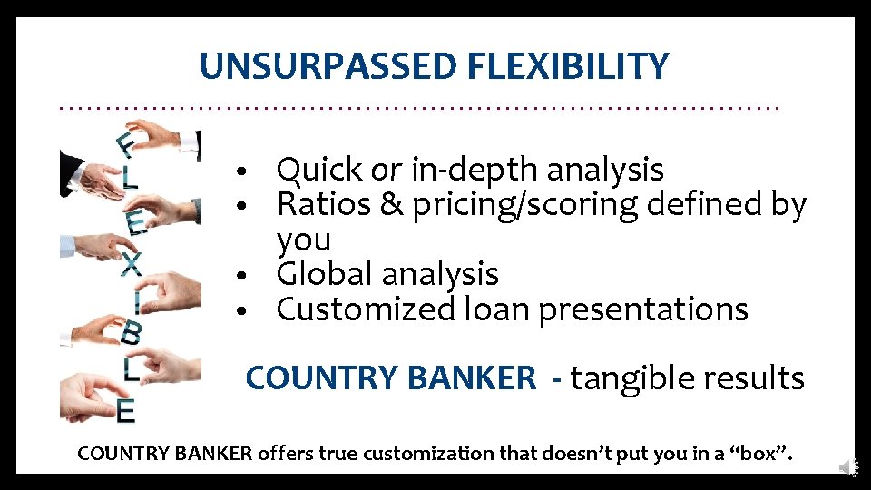 UNSURPASSED FLEXIBILITY. . . . . Quick or in-depth analysis Ratios & pricing/scoring defined