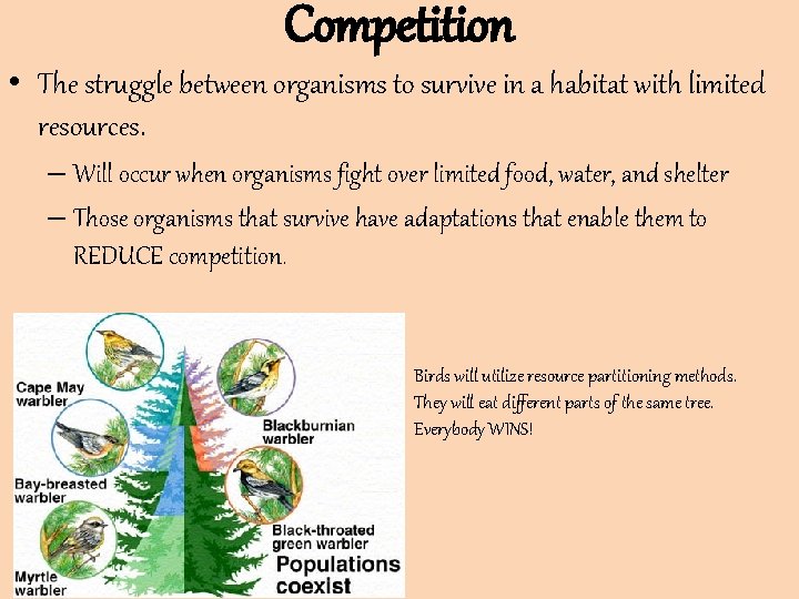 Competition • The struggle between organisms to survive in a habitat with limited resources. Competition • The struggle between organisms to survive in a habitat with limited resources.