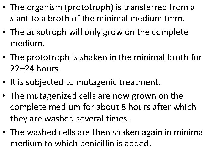  • The organism (prototroph) is transferred from a slant to a broth of