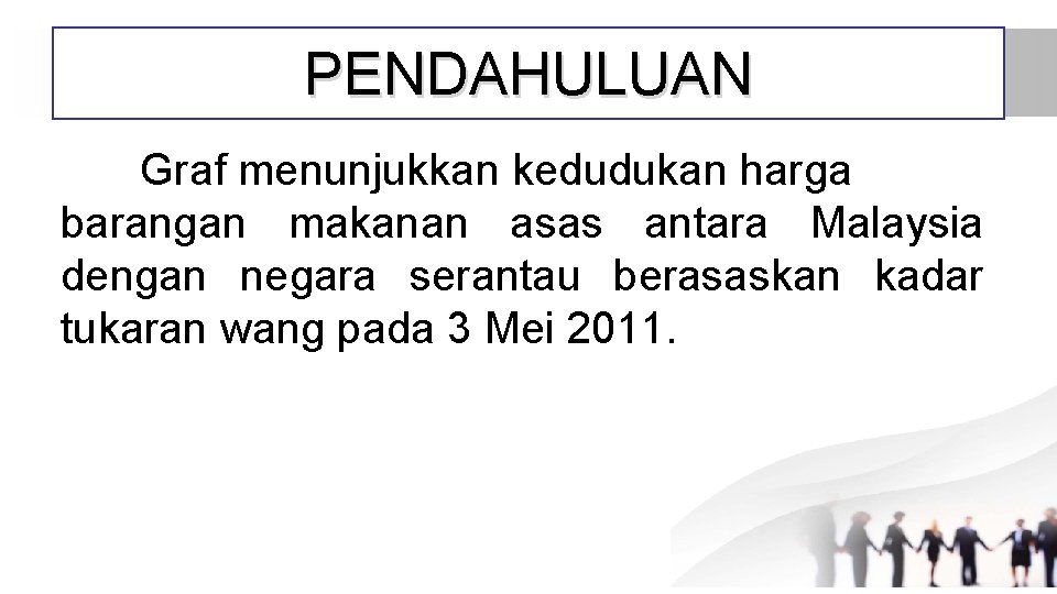 PENDAHULUAN Graf menunjukkan kedudukan harga barangan makanan asas antara Malaysia dengan negara serantau berasaskan