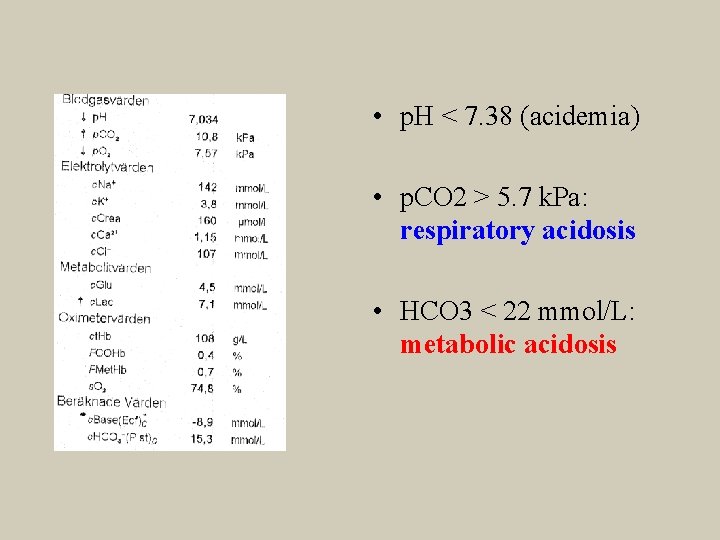 • p. H < 7. 38 (acidemia) • p. CO 2 > 5.