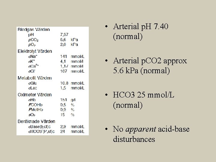  • Arterial p. H 7. 40 (normal) • Arterial p. CO 2 approx