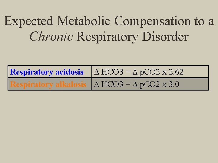 Expected Metabolic Compensation to a Chronic Respiratory Disorder Respiratory acidosis ∆ HCO 3 =