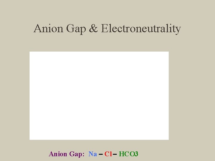 Anion Gap & Electroneutrality Anion Gap: Na – Cl – HCO 3 