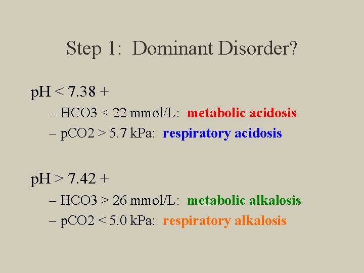 Step 1: Dominant Disorder? p. H < 7. 38 + – HCO 3 <