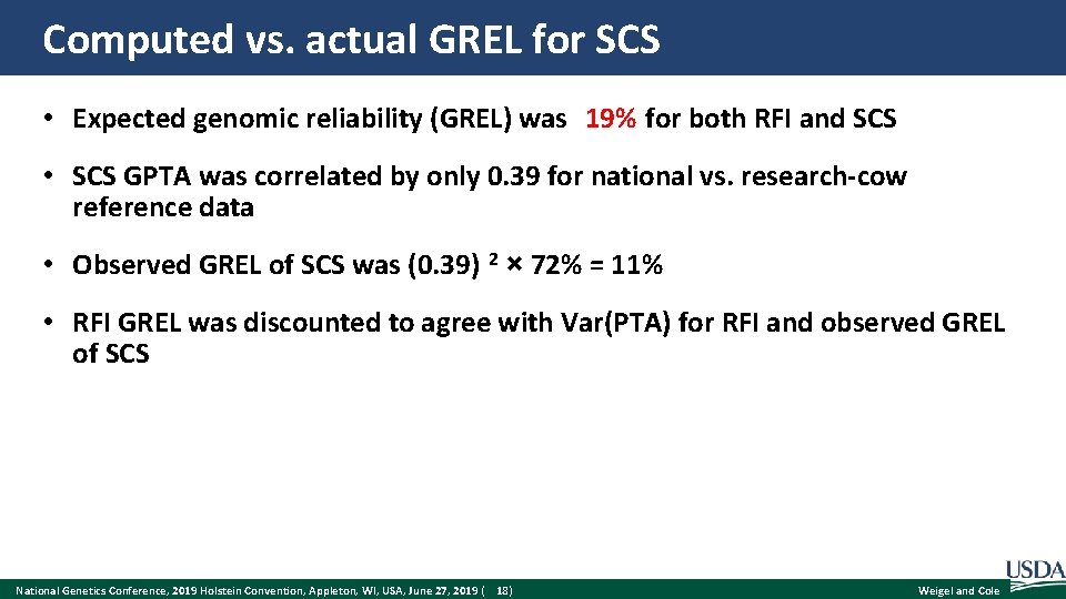 Computed vs. actual GREL for SCS • Expected genomic reliability (GREL) was 19% for
