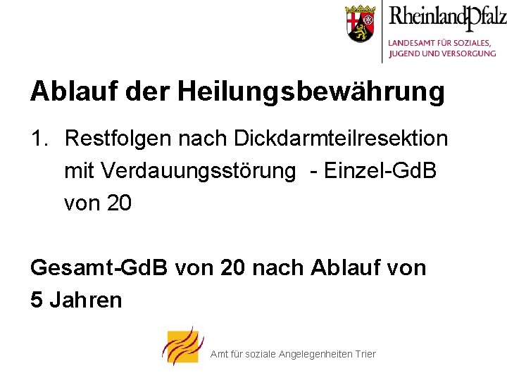 Ablauf der Heilungsbewährung 1. Restfolgen nach Dickdarmteilresektion mit Verdauungsstörung - Einzel-Gd. B von 20