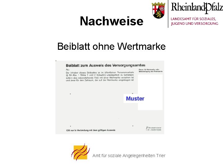 Nachweise Beiblatt ohne Wertmarke Muster Amt für soziale Angelegenheiten Trier 