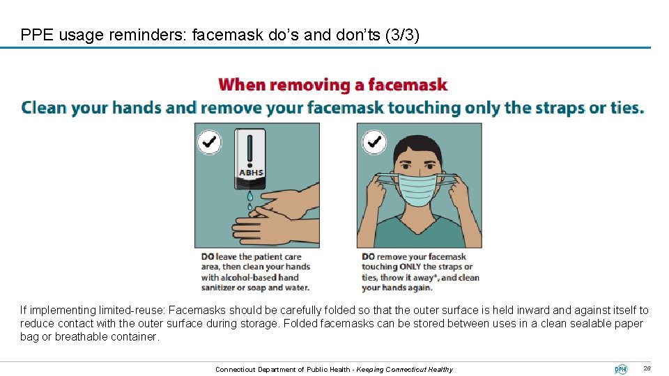PPE usage reminders: facemask do’s and don’ts (3/3) If implementing limited-reuse: Facemasks should be