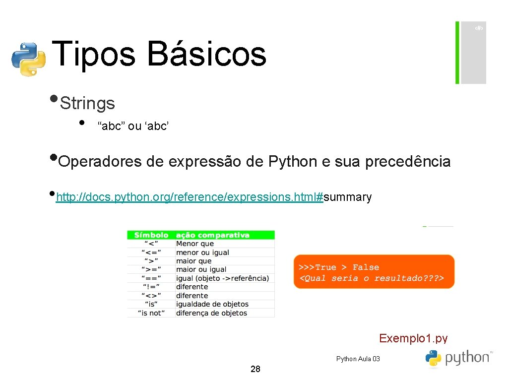 Tipos Básicos • Strings • “abc” ou ‘abc’ • Operadores de expressão de Python Tipos Básicos • Strings • “abc” ou ‘abc’ • Operadores de expressão de Python