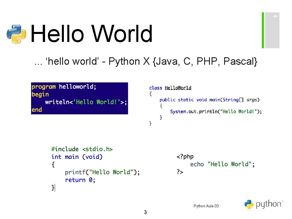 Hello World. . . ‘hello world’ - Python X {Java, C, PHP, Pascal} Python Hello World. . . ‘hello world’ - Python X {Java, C, PHP, Pascal} Python