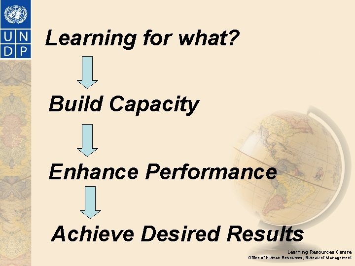 Learning for what? Build Capacity Enhance Performance Achieve Desired Results Learning Resources Centre Office