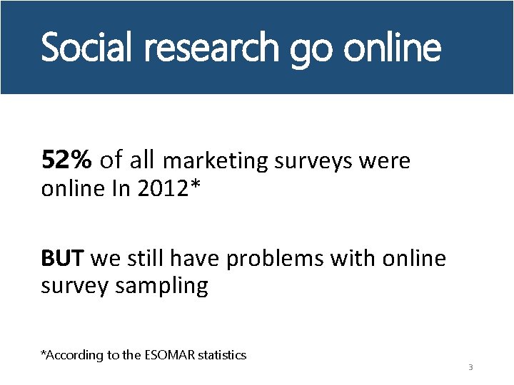Social research go online 52% of all marketing surveys were online In 2012* BUT