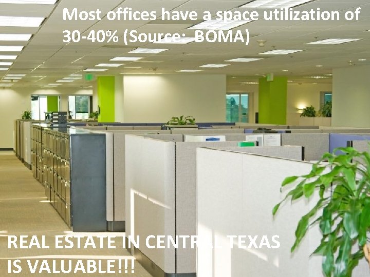 Most offices have a space utilization of 30 -40% (Source: BOMA) REAL ESTATE IN