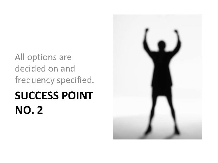 All options are decided on and frequency specified. SUCCESS POINT NO. 2 