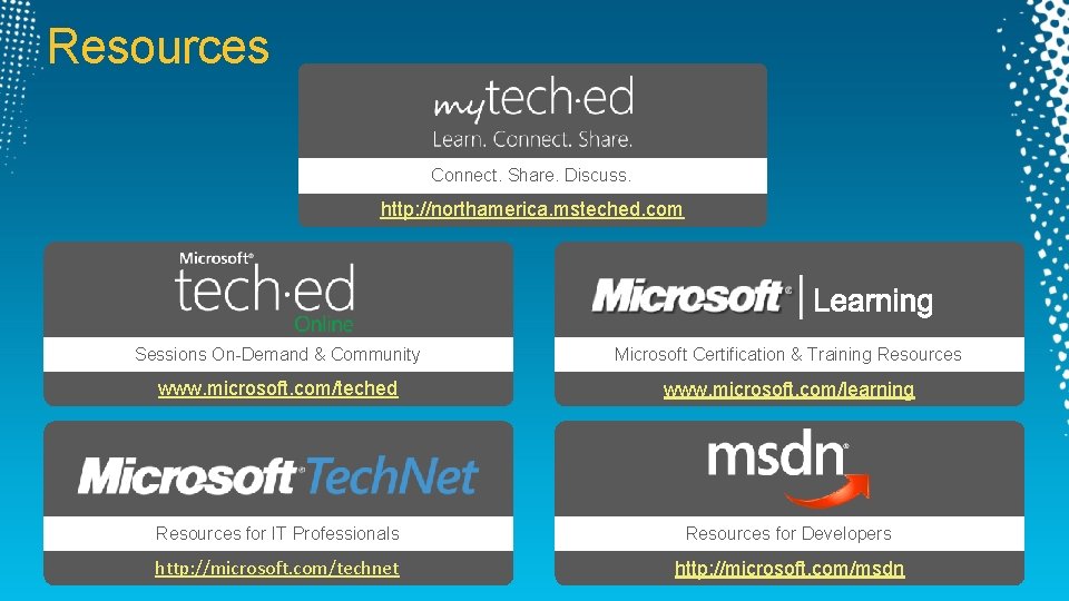 Resources Connect. Share. Discuss. http: //northamerica. msteched. com Sessions On-Demand & Community Microsoft Certification