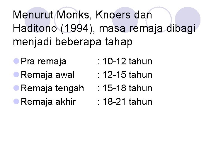 Menurut Monks, Knoers dan Haditono (1994), masa remaja dibagi menjadi beberapa tahap l Pra
