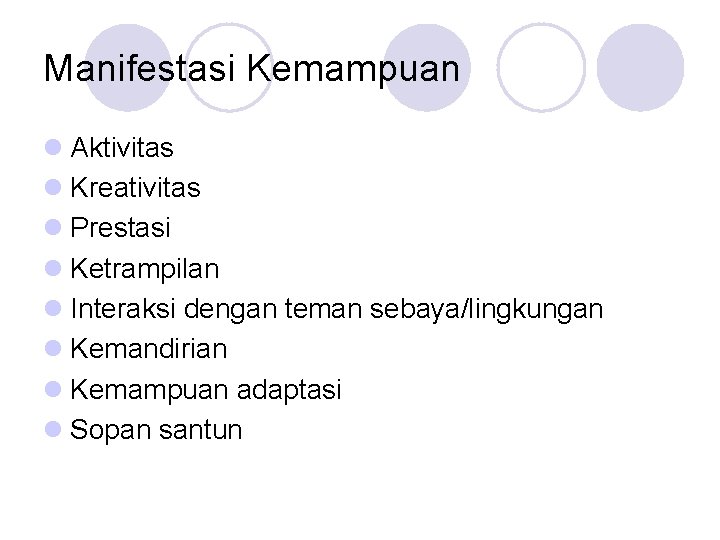 Manifestasi Kemampuan l Aktivitas l Kreativitas l Prestasi l Ketrampilan l Interaksi dengan teman