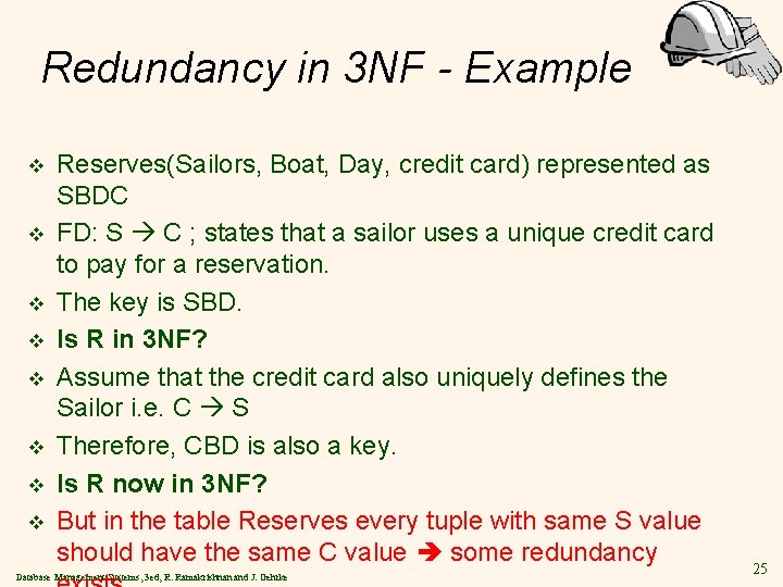 Redundancy in 3 NF - Example v v v v Reserves(Sailors, Boat, Day, credit