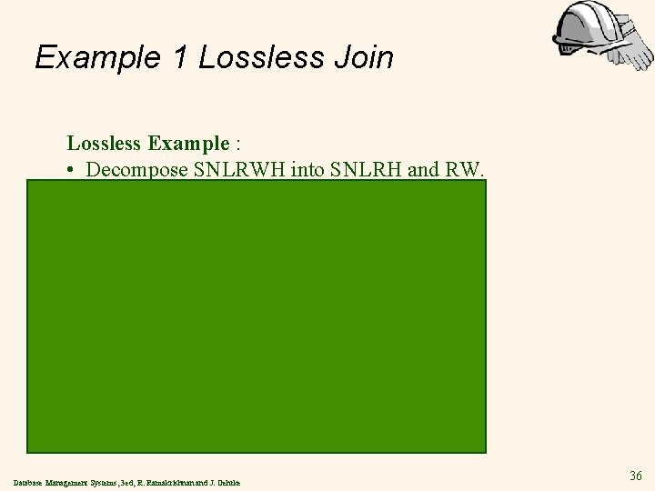 Example 1 Lossless Join Lossless Example : • Decompose SNLRWH into SNLRH and RW.