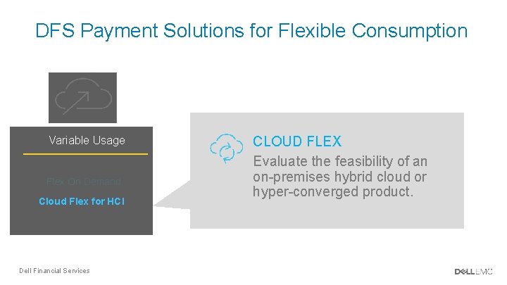 DFS Payment Solutions for Flexible Consumption Portfolio Variable Usage Flex On Demand Cloud Flex DFS Payment Solutions for Flexible Consumption Portfolio Variable Usage Flex On Demand Cloud Flex