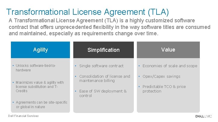 Transformational License Agreement (TLA) A Transformational License Agreement (TLA) is a highly customized software Transformational License Agreement (TLA) A Transformational License Agreement (TLA) is a highly customized software