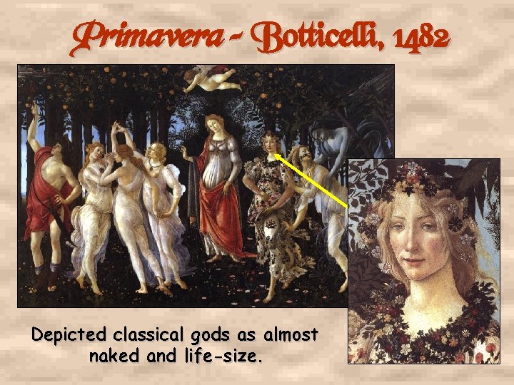 Primavera – Botticelli, 1482 Depicted classical gods as almost naked and life-size. 