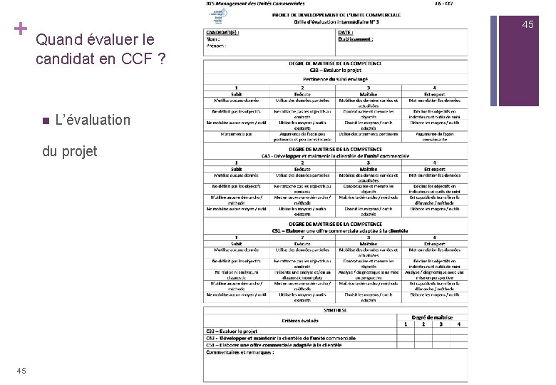 + Quand évaluer le candidat en CCF ? n L’évaluation du projet 45 45