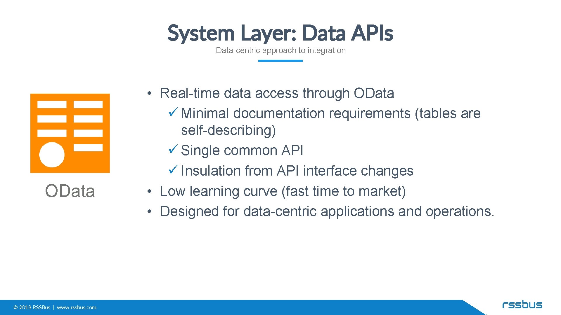 System Layer: Data APIs Data-centric approach to integration OData © 2018 RSSBus | www.