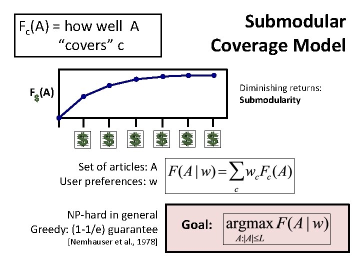 Fc(A) = how well A “covers” c Submodular Coverage Model Diminishing returns: Submodularity F