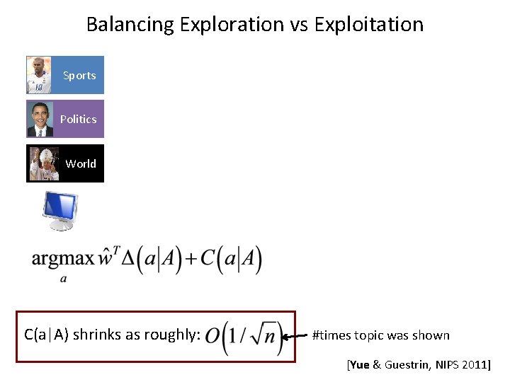 Balancing Exploration vs Exploitation Sports Politics World C(a|A) shrinks as roughly: #times topic was