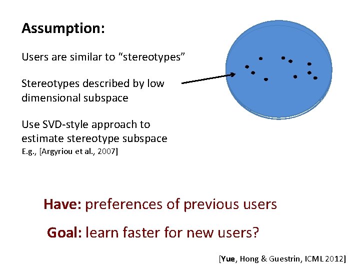 Assumption: Users are similar to “stereotypes” Stereotypes described by low dimensional subspace Use SVD-style