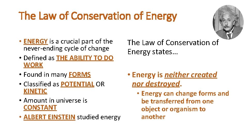 The Law of Conservation of Energy • ENERGY is a crucial part of the The Law of Conservation of Energy • ENERGY is a crucial part of the
