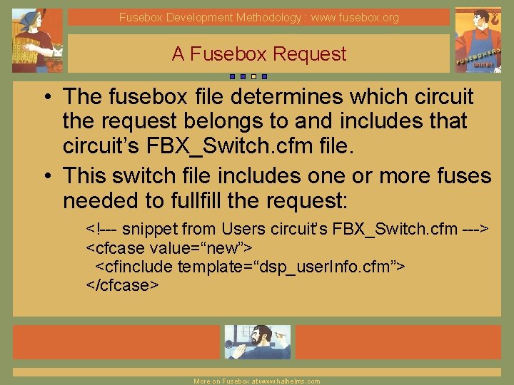 Fusebox Development Methodology : www. fusebox. org A Fusebox Request • The fusebox file