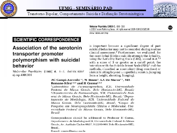 UFMG - SEMINÁRIO PAD Transtorno Bipolar, Comportamento Suicida e Disfunção Serotoninérgica 