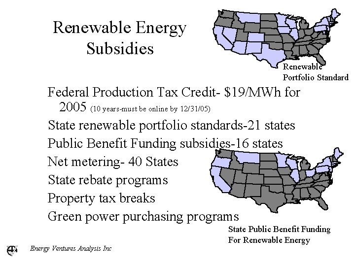 Renewable Energy Subsidies Renewable Portfolio Standard Federal Production Tax Credit- $19/MWh for 2005 (10