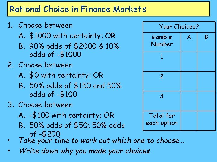 Rational Choice in Finance Markets 1. Choose between Your Choices? A. $1000 with certainty;