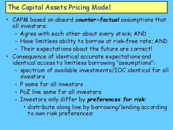 The Capital Assets Pricing Model • CAPM based on absurd counter-factual assumptions that all