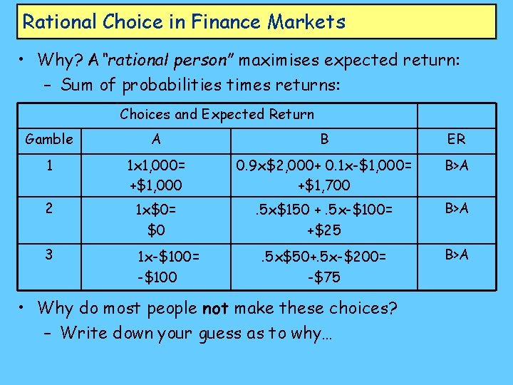 Rational Choice in Finance Markets • Why? A“rational person” maximises expected return: – Sum