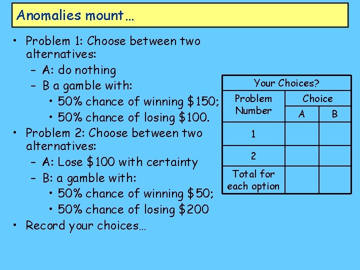 Anomalies mount… • Problem 1: Choose between two alternatives: – A: do nothing Your