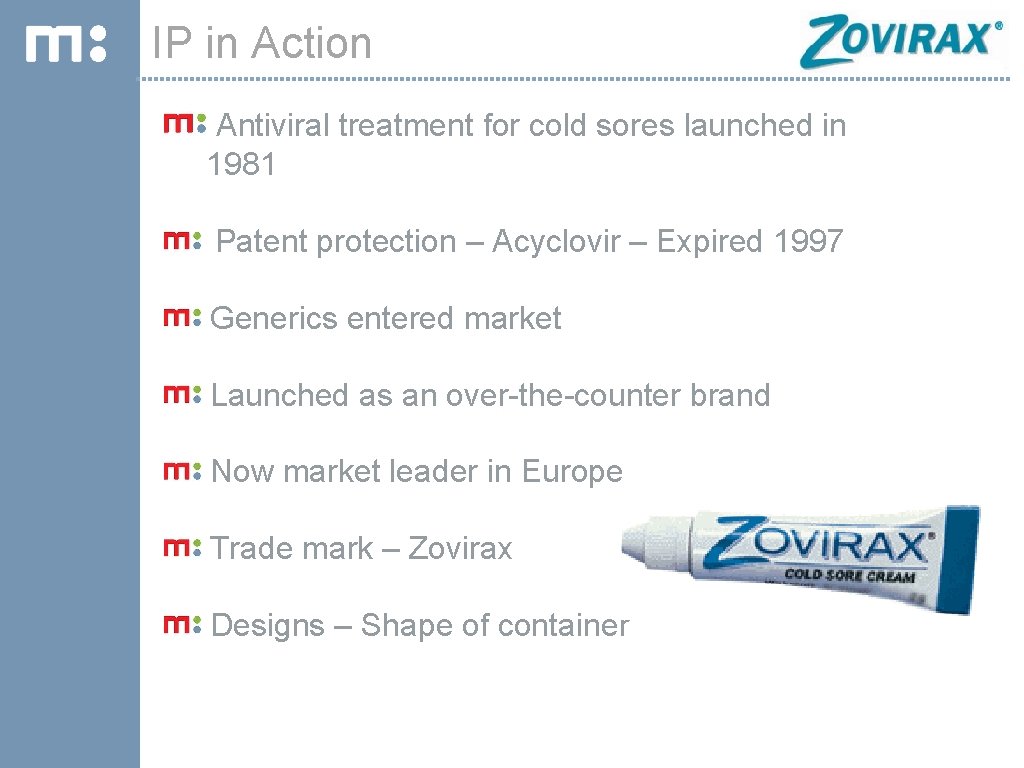 IP in Action Antiviral treatment for cold sores launched in 1981 Patent protection –