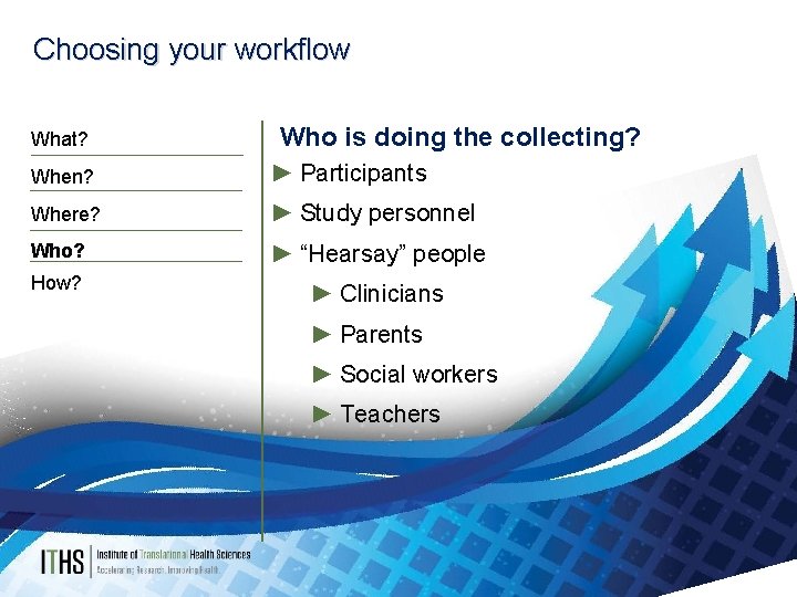 Choosing your workflow What? Who is doing the collecting? When? ► Participants Where? ►