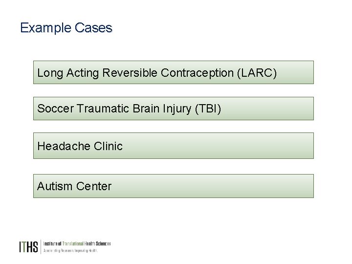 Example Cases Long Acting Reversible Contraception (LARC) Soccer Traumatic Brain Injury (TBI) Headache Clinic